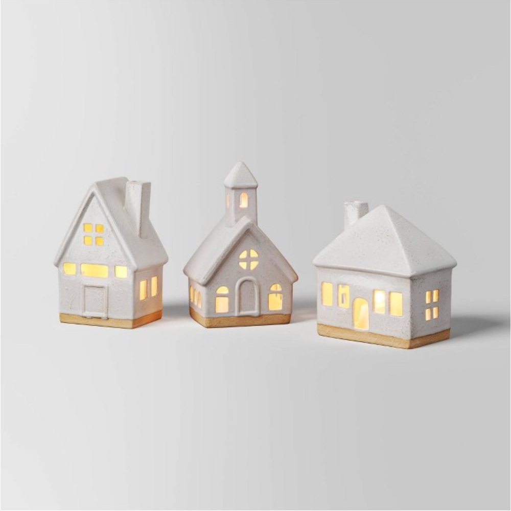 Wondershop 3pc Lit Ceramic Buildings Decorative Christmas Figurine Set W…